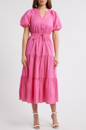 Anne Klein Tiered Puff Sleeve Midi Dress in Carmine Rose at Nordstrom, Size Small P