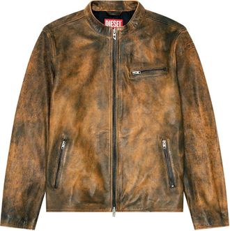 Diesel Distressed Brown Leather Jacket with Structured Fit