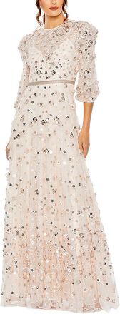 Mac Duggal Floral Beaded Mesh Puff Sleeve A Line Gown