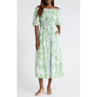 Sugarlips Kiany Floral Magna Town Off the Shoulder Cotton Midi Dress in Light-Blue-Green at Nordstrom, Size X-Large