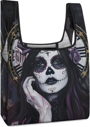 Generic Day of The Dead Skull With Time Shopping Bag Reusable Grocery Tote Bag Foldable Handbag for Travel Picnic