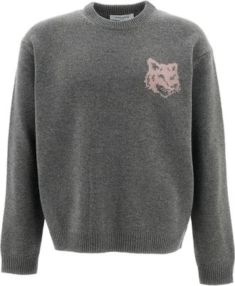 Maison Kitsun&eacute; Grey Fox Head Intarsia Merino Wool High Neck Sweater