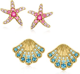 Ross-Simons Multi-Gemstone Jewelry Set: 2 Pairs Of Sea Life Earrings in 18kt Gold Over Sterling