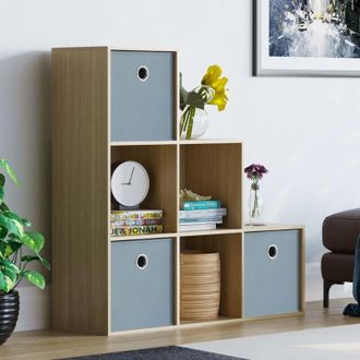 Home Discount Home Discount - Durham 6 Cube Bookcase Staircase Shelf Wooden Display Storage Rack Free Standing Shelf Unit, Oak-3-Grey-Baskets