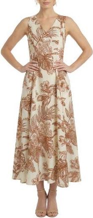 London Times V-Neck Linen Blend Godet Midi Dress in Cream/Picante at Nordstrom Rack, Size X-Large