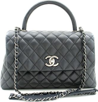 Chanel Top Handle Flap Quilted Caviar Leather Black Calfskin Handbag (Pre-Owned)