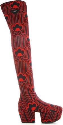 Prada Jaquard Geborduurde Laarzen - Dames - Over de knie laarzen - Rood - 36 EU - Schoenen