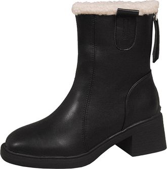 Generic Ankle Boots for Women Warm Winter Boot Shoes Solid Color Stylish Low Chunky Heel Fleece Lined Back Zipper Elegant Comfy Snow Boots Work Leisure