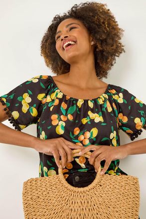 Roman Citrus Pom Pom Trim Bardot Top