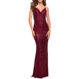 La Femme Soft Sequin Long Gown with Lace Up Back in Wine at Nordstrom, Size 10