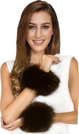 Lina & Lily Womens Winter Wrist Cuffs Warmers Faux Fur Fluffy (Dark Brown)