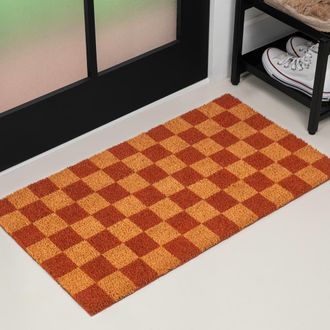 Jonathan Y Designs Peater Classic Casual Commerical Natural Coir Indoor/Outdoor Mat in Natural Red Checker at Nordstrom, Size 5Ft 0In X 8Ft 0In