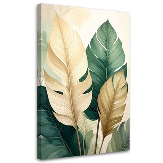Feeby Cuadro En Lienzo Hojas De Monstera Verde Y Beige En Estilo Jungla Urbana 80x120