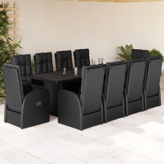 vidaXL Set De Comedor Jard&iacute;n 11 Pzas Con Cojines Rat&aacute;n Sint&eacute;tico Negro