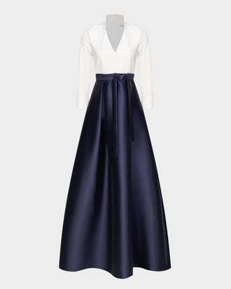 Kay Unger Phoebe 3/4-Sleeve Collared Poplin A-Line Gown