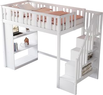 STILVORA Cama Alta Individual Con Escalera De Almacenaje, 3 Compartimentos Y Barandilla 90 &times; 200 Cm, Sin Colch&oacute;n
