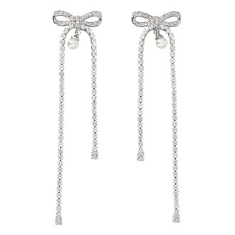 Self Portrait Crystal Bow Pearl Earrings - female - Self Portrait - Earrings - Gray - ONE SIZE - Accessories