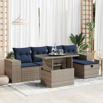 vidaXL Juego Sof&aacute; Jard&iacute;n 6 Piezas Con Cojines Marr&oacute;n Poli Rat&aacute;n Acacia Vidaxl