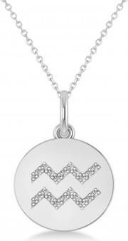 Allurez Diamond Aquarius Zodiac Disk Pendant Necklace 14k White Gold (0.10ct)