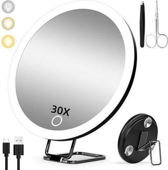 OEM Espejo De Aumento Iluminado De 30 Aumentos Y 15 Cm Con 3 Modos De Color - Jinfgerne - Recargable, Con Ventosas Y Soporte De Mesa Giratorio De 360&deg; - I