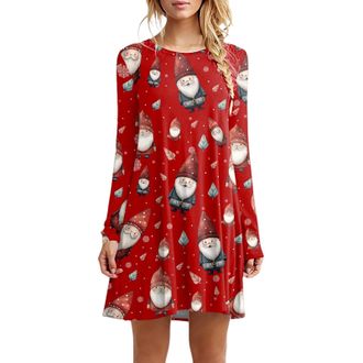 Generic Dresses for Women UK Womens Christmas Party Dress Xmas Print Casual Midi Dress Round Neck Long Sleeve Shirt Pleated Loose Swing Tops