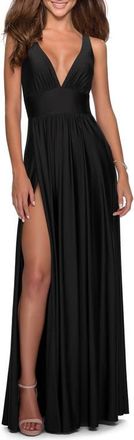 La Femme Empire Waist Gown with Deep V Neckline in Black at Nordstrom, Size 00