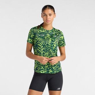 New Balance Womens London Edition RC Essential Printed T-Shirt in Green Polyester, size X-Large