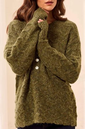 Tribal Womens Henley Scallop Trim Sweater In Green