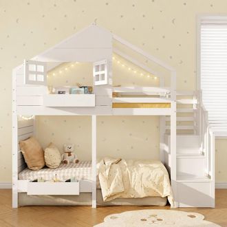 Merax White Wood 3FT House Bunk Bed, Childrens Loft Bed with Storage Stairs | Size: Single