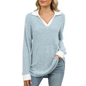 Generic Womens Contrast Collared Shirt - Casual Long Sleeve Ribbed Design, Fall Lightweight Tunic Sweater, Comfortable for Layering or Solo Wear on Cool Days(