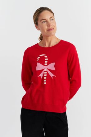 Chinti and Parker Velvet-Red Wool-Cashmere Candy Cane Sweater