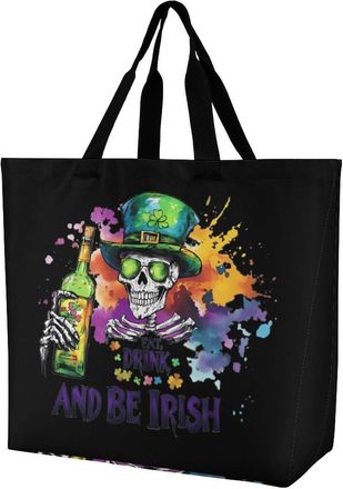Generic St Day Irish Patricksskull Beer Large Reusable Shopping Bag Lightweight Foldable Tote Bags Washable Shoulder Handbag