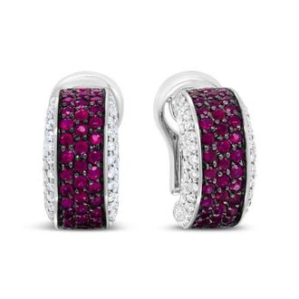 House of Brilliance 18K Gold & Black Rhodium Plated 3/4 Ctw Diamonds & Red Ruby Huggie Hoop Earrings in White at Nordstrom