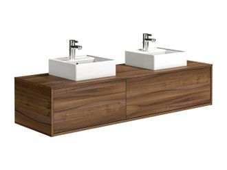 Vente-Unique Mueble de ba&ntilde;o flotante de doble lavabo en color natural oscuro - Ancho 150 cm - ISAURE II