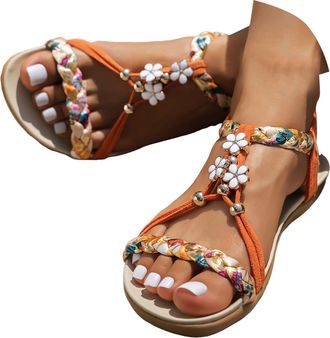 Generic Womens Strappy Flat Sandals Dressy Summer 2026 Open Toe Casual Bohemian Orthopedic Ankle Strap Flip Flops Comfortable Wide Width Jeweled Beaded Beach 