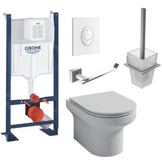 Duravit Pack Inodoro Suspendido Jacob Delafon Sin Brida Elite + Estructura Soporte Grohe Rapid Sl + Placa Grohe Blanca + Portaescobillas + Portarrollos