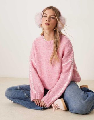 Jacqueline de Yong knitted sweater with stitch detail in pink