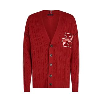 Tommy Hilfiger Cardigans, male, Orange, Size: XS Logo Applique Cable Knit V-Neck Cardigan