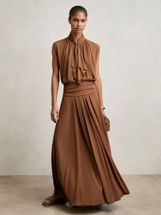 Reiss Tan Brown Jersey Ruched-waist Maxi Skirt, 16