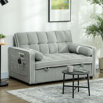 HOMCOM 2 Seater Pull Out Sofa Bed with Adjustable Backrest in Light Grey