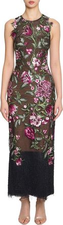 Marchesa Embroidered Fringe Midi Dress