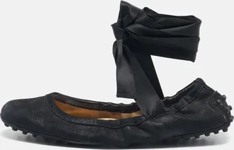 Tod's Tods Black Suede Scrunch Ribbon Ballet Flats