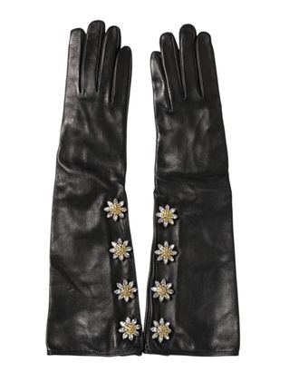 Dolce & Gabbana Black Leather Embellished Long Mitten Womens Gloves