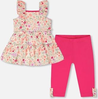 Deux par Deux Tunic and Organic Cotton Printed Flowers Capri Set in Off White Print Flowers & Pink at Nordstrom, Size 24M