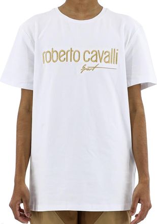 Roberto Cavalli Mens Optic White Logo Cotton Crewneck T-shirt, Size Medium