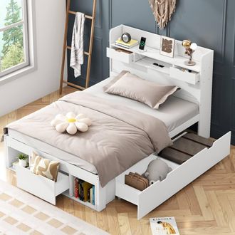 Merax 3ft Single Cabin Storage Bed with USB Port, Bookcase Headboard - White