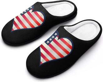 Generic U.S. Flag Love Heart Logo Fashion Cotton Slippers for Women Memory Foam House Slippers Non-Slip House Bedroom Shoes