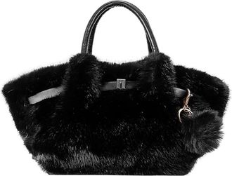 Generic Womens Plush Bags Plush Bag Bucket Handbag Folded Ball Shoulder Crossbody Small Size Polyester Lining Magnetic(Black)