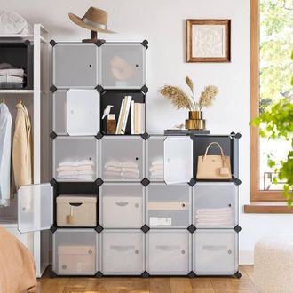 Songmics 16-Cube Stackable Storage Cabinet with Doors Wardrobe System in Light Grey
