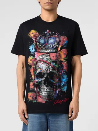 Philipp Plein T-shirt in cotone con stampa Skull ricamata e strass
